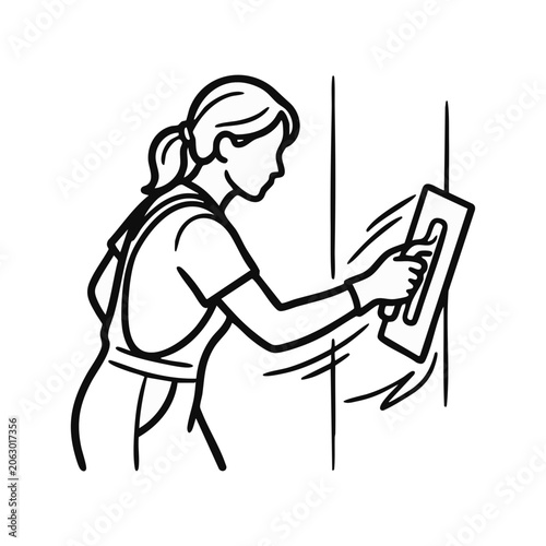 Female plasterer smoothing wall with trowel. Line art vector illustration of construction worker. Minimalist outline graphic isolated on transparent background