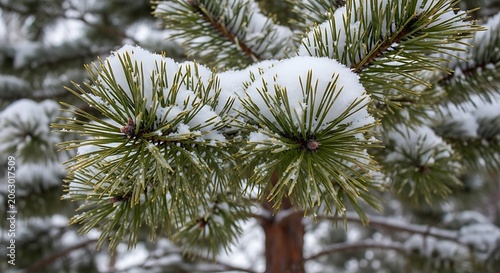 Snowy Pine Tree Branches in Winter.