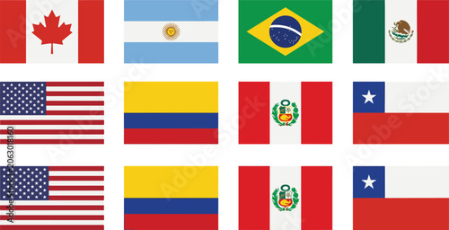 International Country Flag Collection with Canada, Argentina, Brazil, Mexico, United States, Colombia, Peru, and Chile National Symbols