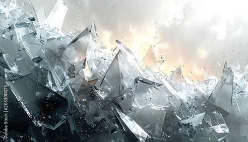Explosion of broken glass shards scattering in air, dynamic sharp fragments, destructive motion, cinematic dramatic lighting, textured overlay background