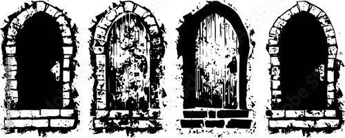 Set of four vintage arched wooden doors with stone frames and rustic textures