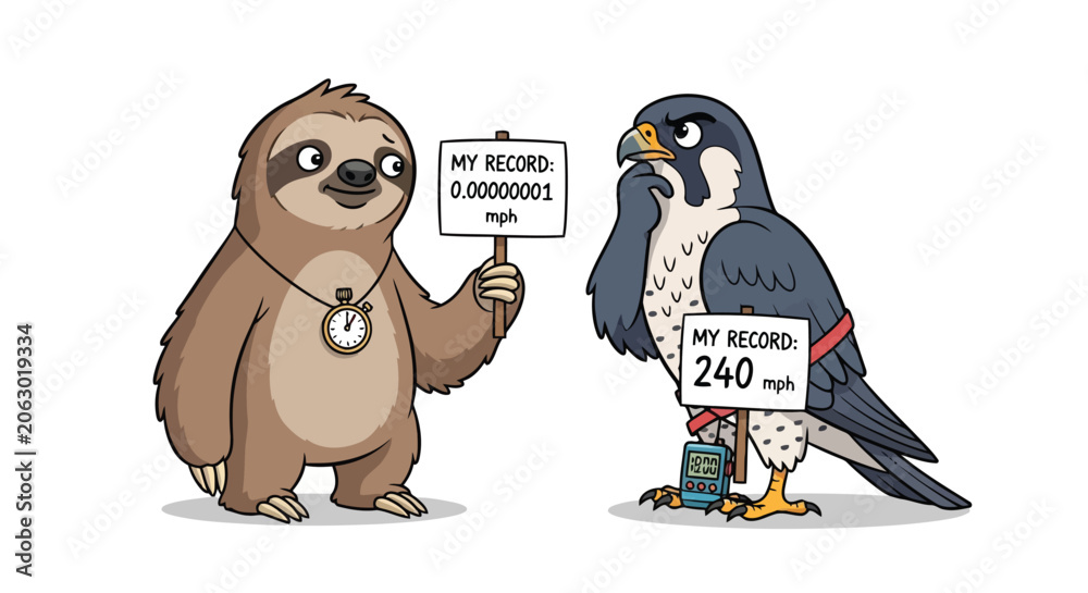 Fototapeta premium Funny cartoon sloth and peregrine falcon comparing speed records in competition