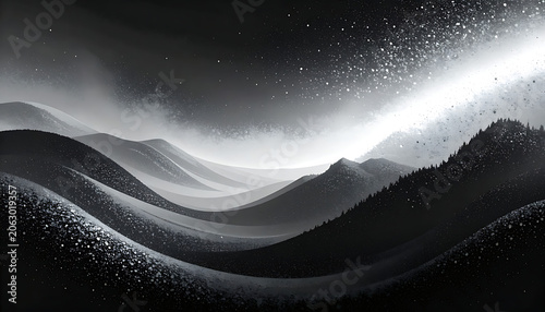 Monochromatic pixel art mountain landscape with glowing starry sky, ethereal atmosphere, serene nature scenery, digital retro style, textured grain background