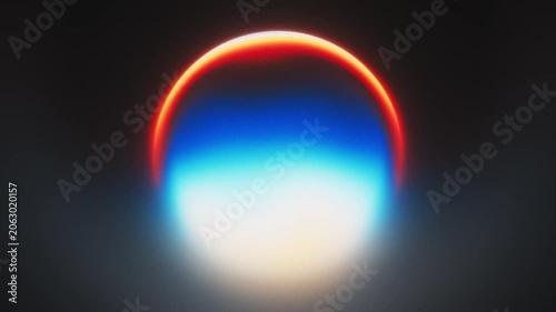 Glowing gradient sphere with blue yellow and red colors as a seamless loop animation, abstract radiant orb background for music video, broadcast and creative content 16:9