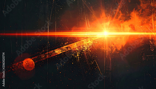 Fiery orange lens flare with glowing sparks and particles, abstract space explosion background, motion light streak, intense heat energy