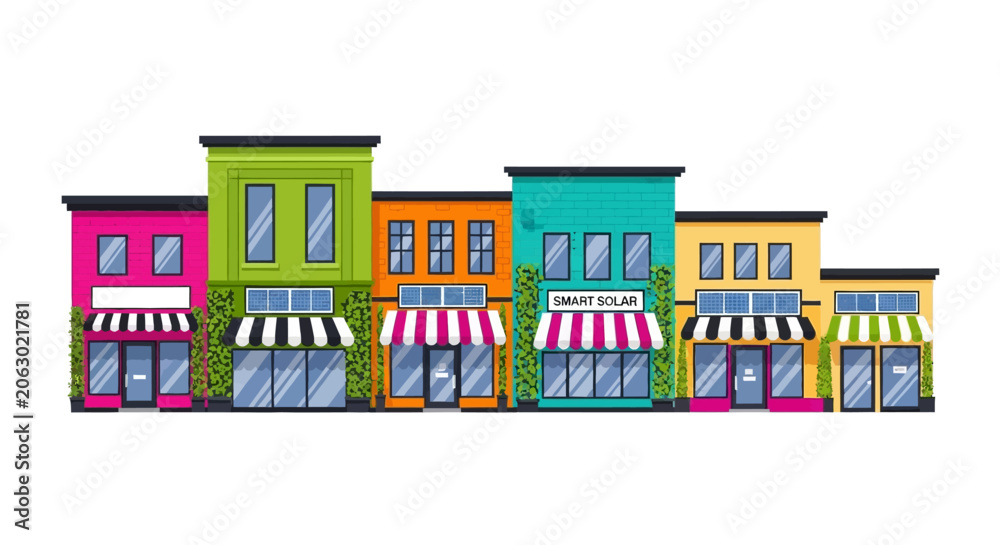 Naklejka premium Modern Eco-Friendly Storefronts with Solar Panels and Vertical Gardens, Sustainable Small Business Retail Street Flat Vector Illustration Isolated on White