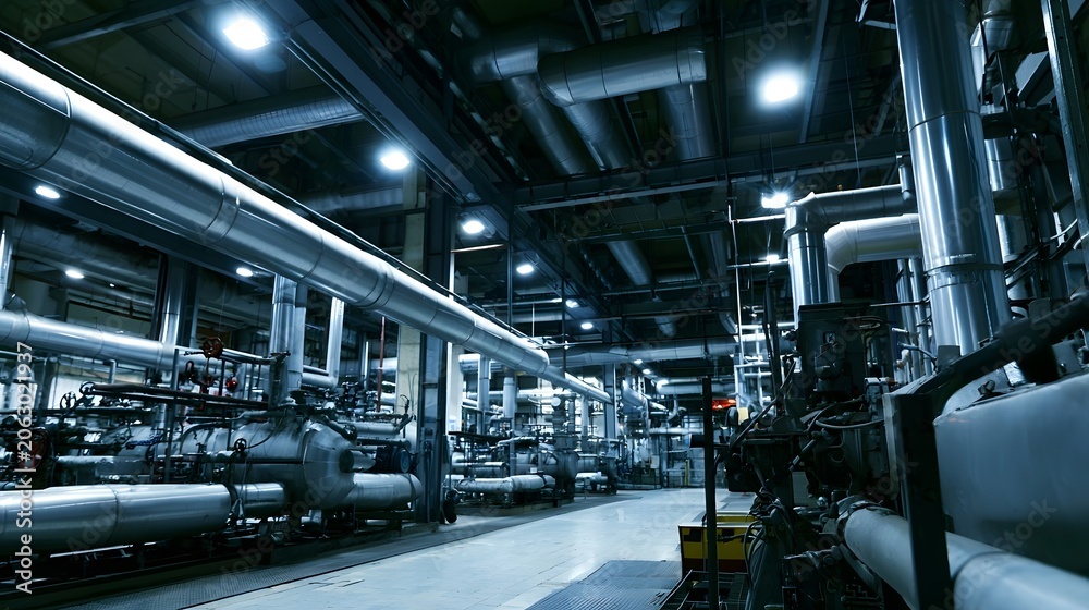 Fototapeta premium A detailed view of a mechanical industrial facility emphasizing modern hinery and cool metal tones