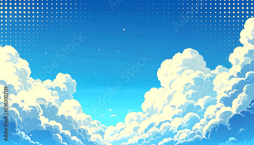 Pixel art blue sky with fluffy clouds, vintage 8-bit retro aesthetic landscape background