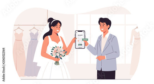Couple in wedding attire using a mobile app together.