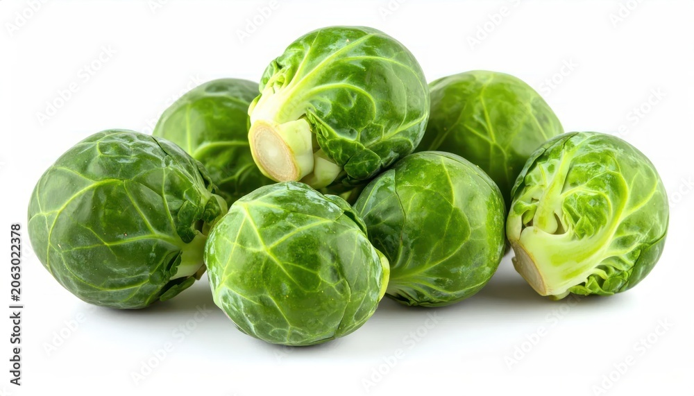 Fototapeta premium Fresh Green Brussels Sprouts Arranged on Clean White Background