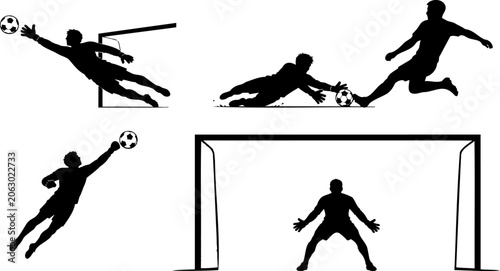 Soccer goalkeeper silhouette set saving ball and diving near football goal post