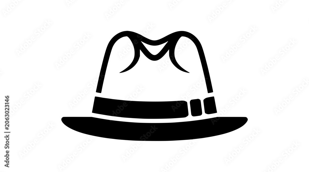 Fototapeta premium Hat Is a Simple Black-and-White Cartoon Illustration with a Ribbon Band and Crease Details Featuring Fedora, Brim, Crown with Vest and Clothing