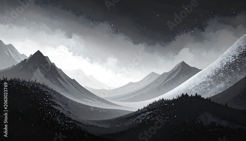 Pixel art mountain landscape with misty atmosphere, dramatic valley terrain, retro gaming aesthetic, wallpaper design
