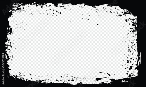 Grunge distressed frame with rough edges and paint splatter texture on Black Background
