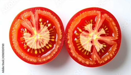 Fresh Red Tomato Halves Arranged on Clean White Surface