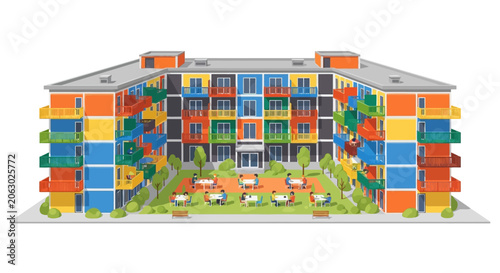 Modern Colorful Apartment Building Illustration with Community Courtyard and People