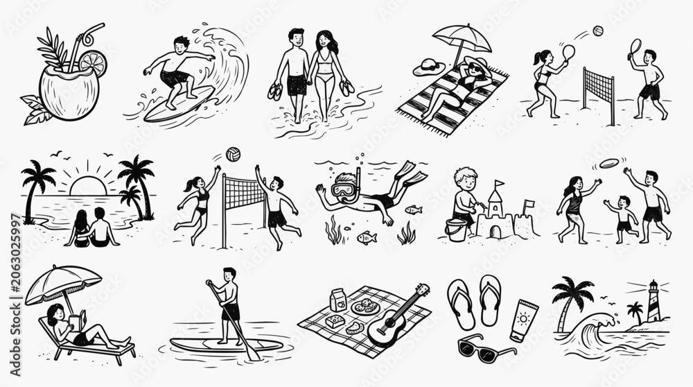 Fototapeta premium Line art icons of people doing summer activities at the beach