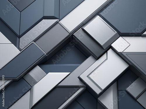 Abstract geometric 3d background with blue and gray metallic blocks