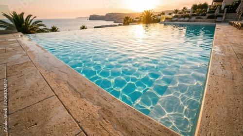 Sunset View Over Infinity Pool With Ocean Horizon.
