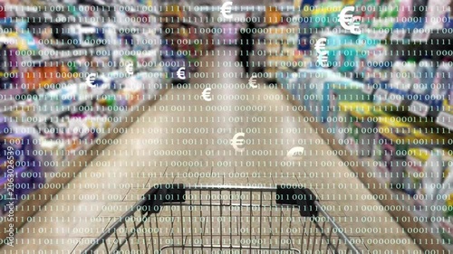 slow motion shopping cart in a blurred supermarket with binary code overlay and euro signs animation, digital shopping and paying concept