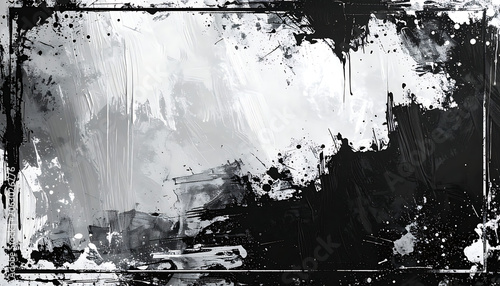 Grungy black and white ink splatter texture frame with distressed edges and paint drips, dark moody atmosphere for overlay designs