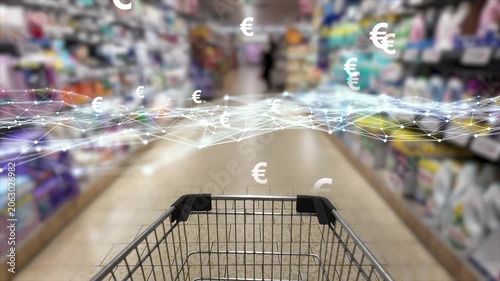 slow motion cart in a blurred retail market with overlay of digital grid wave from nodes and lines and euro signs animation