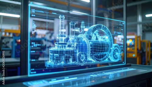 Futuristic Blue Holographic Industrial Machine Blueprint Displayed in Modern Factory