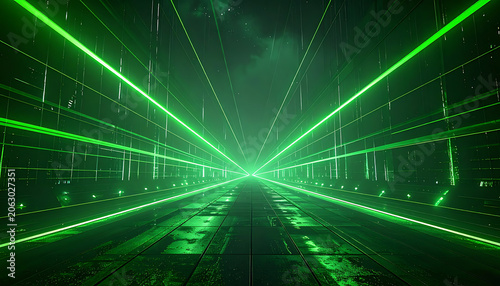 Futuristic dark tunnel with glowing green laser lines, digital perspective, speed light motion, science fiction corridor background