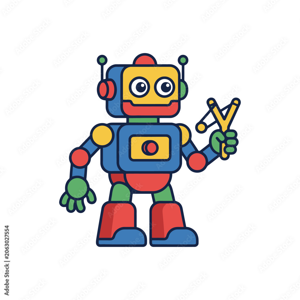 Fototapeta premium A colorful toy robot holding a small wooden slingshot toy
