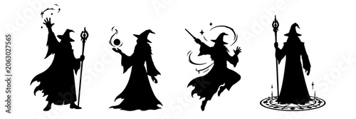 Quadro su tela Fantasy wizard silhouette vector illustration, magical sorcerer with cloak isola