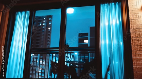 Cityscape View Through Window at Night with Blue Curtains.