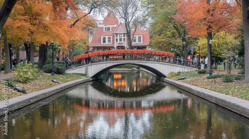 Charming Bridge Over Waterway Surrounded by Autumn Trees and Buildings.