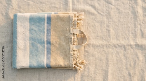 Folded Blue Striped Cotton Towel on Beige Fabric Surface.