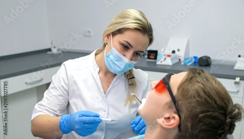 Female Dentist Examining Patient Wearing Protective Glasses in Modern Dental Clinic
