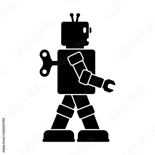 Schilderij op canvas Silhouette of a vintage retro wind-up tin toy robot walking