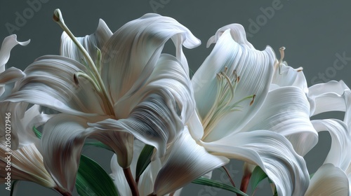 White lily flowers composition with gently folded petals. 3d rendering peaceful elegant botanical background.
