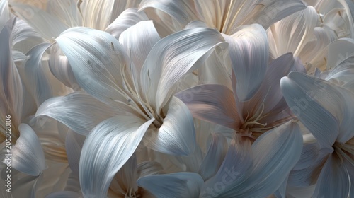 White lily flowers composition with gently folded petals. 3d rendering peaceful elegant botanical background.

