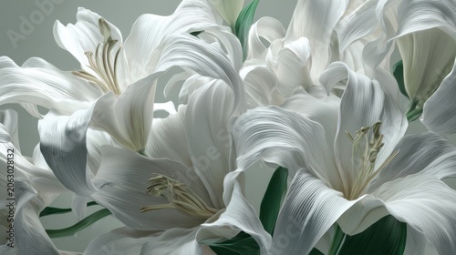 White lily flowers composition with gently folded petals. 3d rendering peaceful elegant botanical background.

