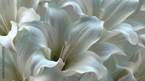 White lily flowers composition with gently folded petals. 3d rendering peaceful elegant botanical background.
