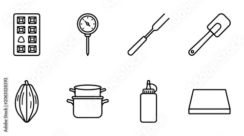 Bild auf Leinwand Confectionery Tools & Ingredients Icon Set: Chocolate Mold, Thermometer, Spatula