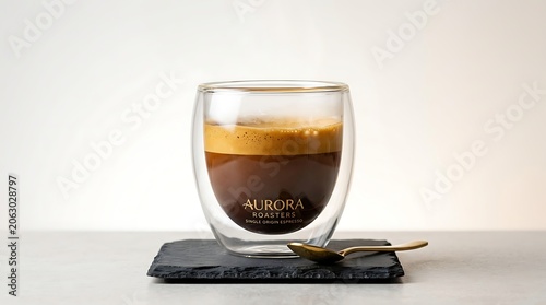 Fresh espresso shot in clear glass cup on dark stone coaster minimalist setting