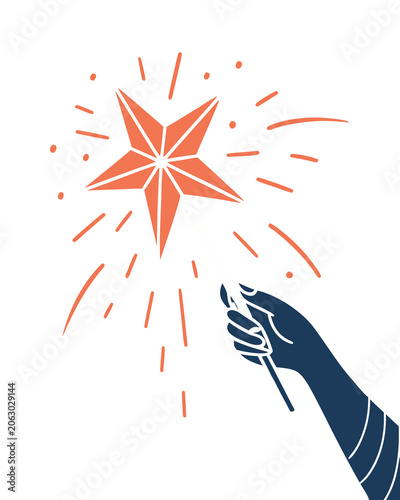 Obraz na płótnie A stylized hand holding a wand, conjuring a bright orange star with radiating lines and dots