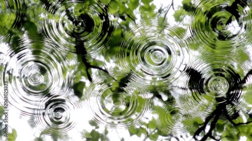 Raindrops creating ripples on water surface with green leaves reflection.