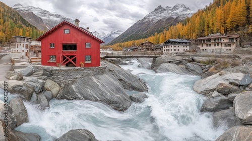 Red barn beside rushing river in autumn mountain village.