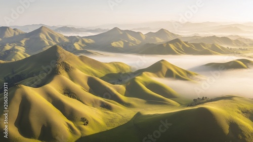 Rolling green hills bathed in soft morning light with wisps of fog.