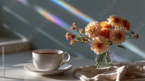 Calm wellness scene with gentle rainbow light filtering through a window showcasing emotional wellbeing and premium mindful lifestyle concept