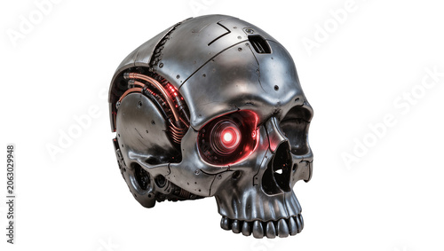 Photography Metallic cyborg skull with glowing red eye and exposed wires, isolated on transp