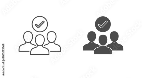 Candidate selection and team recruitment icons in outline and glyph styles group of people with check mark symbol for HR management and employee approval.