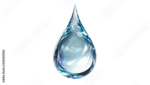 Clear blue water drop with reflections, isolated on transparent background