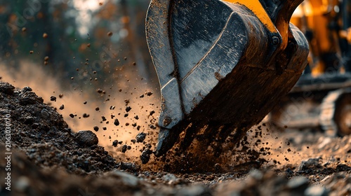 A close-up of an excavator’s bucket scooping dirt from the ground